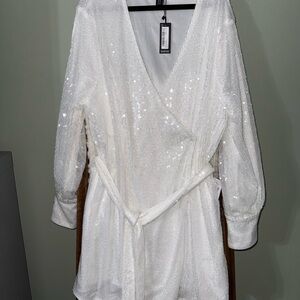 White Sequin Wrap Dress with Belt